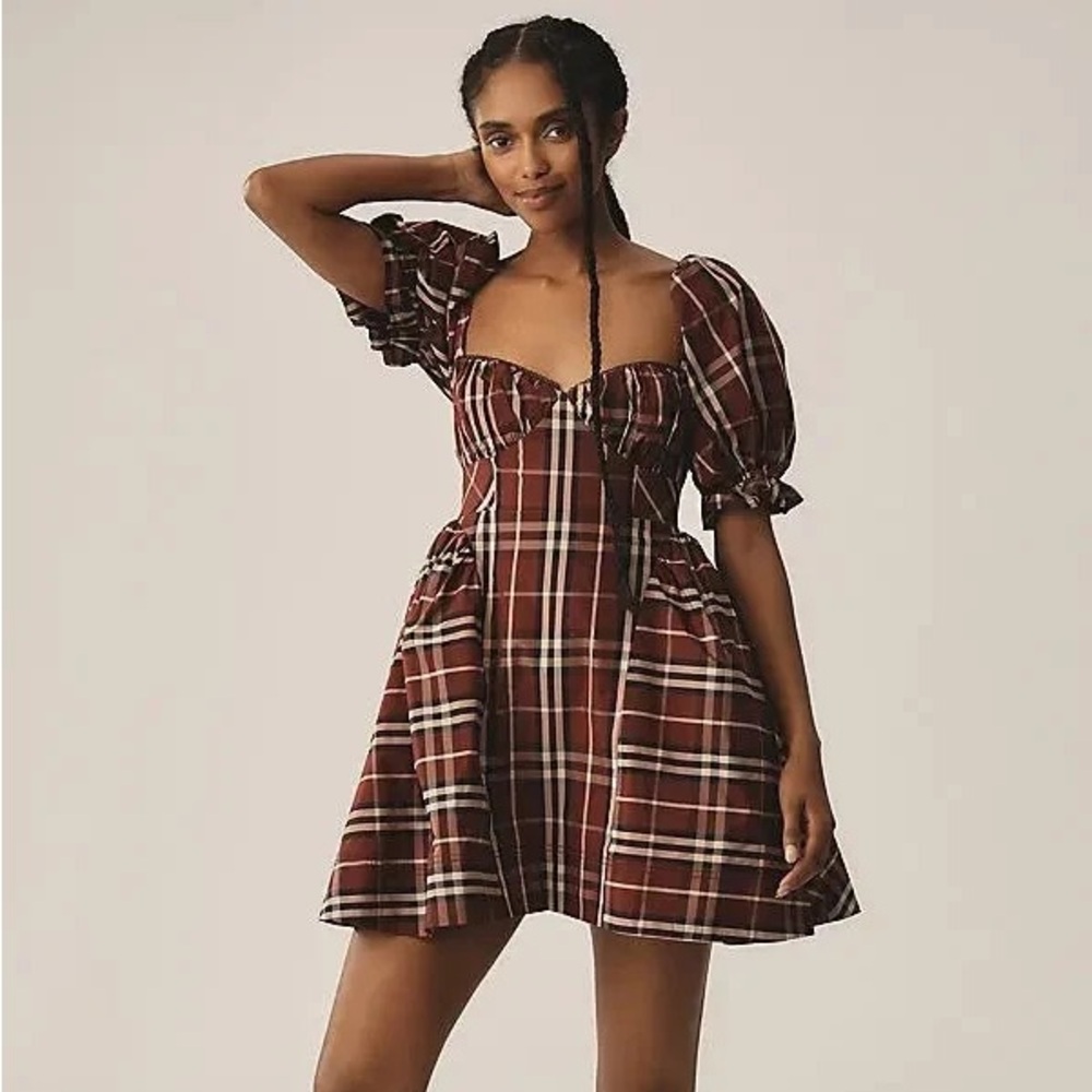 NWOT Anthropologie Maeve Maroon Tartan Plaid Puff Sleeve A-Line Mini Dress